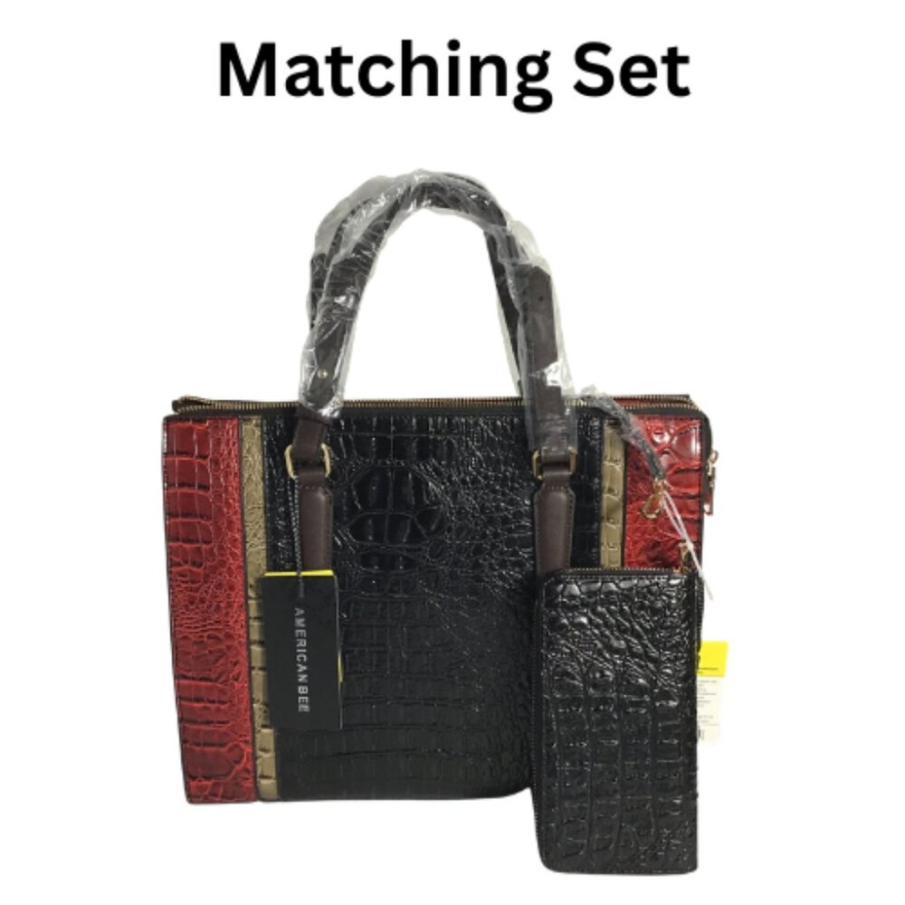 2-IN-1 Multicolor Alligator Crocodile Large Satchel Set With Wallet - Picture 12 of 12